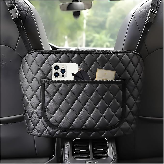 Car Purse Holder Between Seats, Leather Handbag Organizer Large Capacity Pocket for Console Front Seats, Universal Vehicle Interior Storage Bag Backseat Barrier for Kids Pet