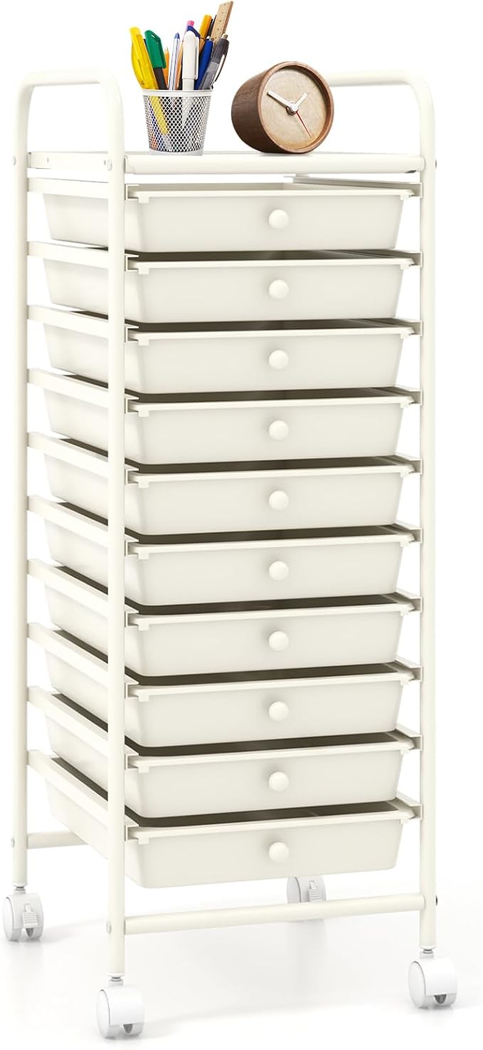10 Drawer Rolling Storage Cart, Organization Cart on Drawers for Craft Makeup Paper Tool Art Supply, Versatile Utility Cart on Wheels for Home Office Classroom School (White)