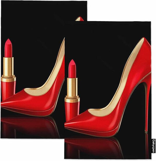 Modern Fashion Women Waffle Kitchen Dish Cloths Black Red High Heels Big Red Shoe Lipstick Ultra Soft Absorbent Quick Drying Dish Towels 16 X 24 Inches Set of 2