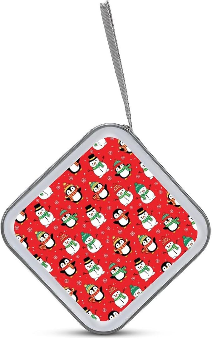 Protective 40-Capacity CD Organizer Christmas Cute Penguin Snowman Red, Hard Case Storage Binder with Zipper, Portable Wallet for Car Home Office