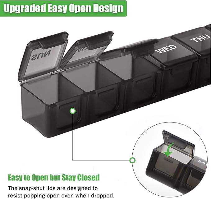 2 Pack Weekly Pill Organizer, Large 7 Day Travel Pill Case (Khaki & Black) | Daily Vitamin Case Medicine Box, AM/PM Pill Containers Twice a Day for Medicine Supplements Fish Oil, Portable & Durable