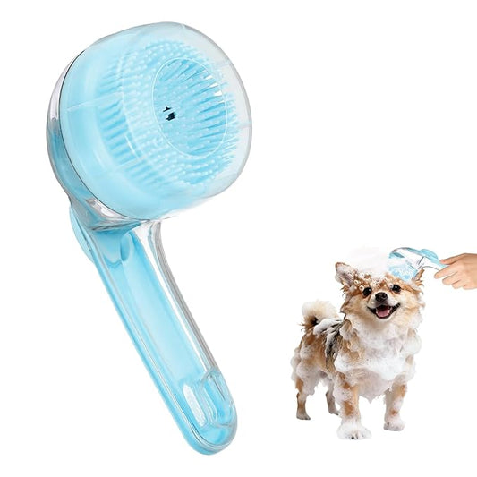 Pet Bath Brush, Dog Shampoo Brush New 2 in 1 Grooming Massage Scrubber Bubble Maker with Ring Built-in Shampoo Dispenser(Fine Bristled,Blue), for Long Short Hair Cats Shower