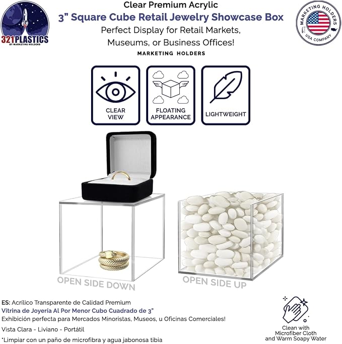 Marketing Holders 6 Pack 3" Acrylic Display Cube with One Open Side No Lid Versatile Clear Square Plexiglass Retail Merchandise Storage Bin No Assembly Required