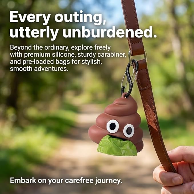 Dog Poop Bag Dispenser for Dog Leash, Poop Shape Sturdy Holder | Cute and Unique Design, Portable for Dog Walking, Comes With 1 Roll 15 Waste Bags