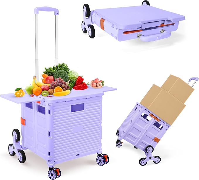 Foldable Utility Cart with Stair Climbing Wheels,Collapsible Rolling Crate with Magnetic Lid Telescopic Cover,Telescoping Handle,360° Rotate Wheel Hand Cart for teacher Shopping Moving Grocery(Purple)