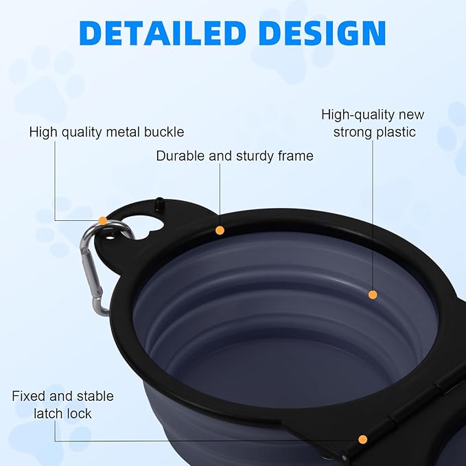 Collapsible Dog Dual Bowls, 2-in-1 with Locking Clip for More Stability 180 Degree Flip Portable Dog Travel Bowl for Water and Food Pet Food Drinker (Dark Blue)