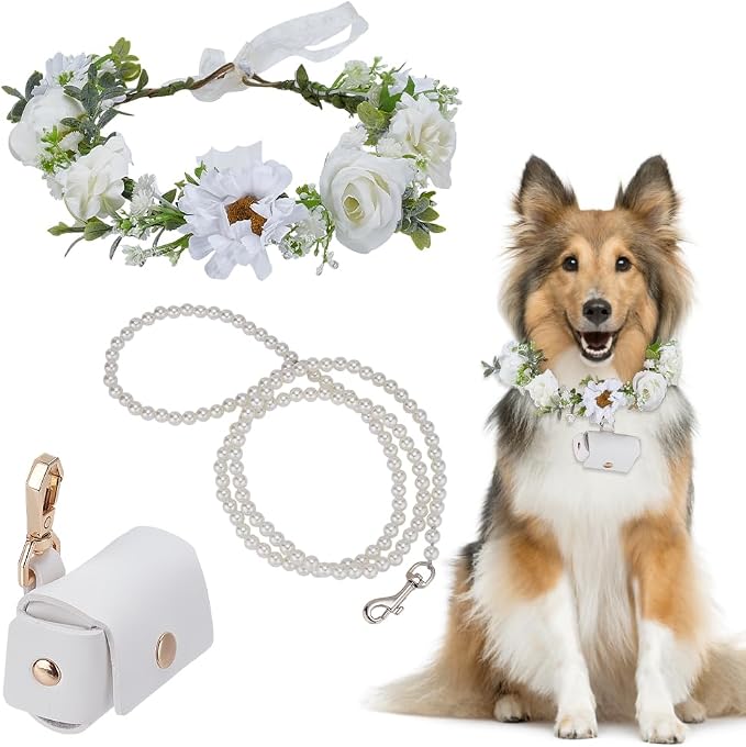 FREEBLOSS 3Pc Dog Wedding Pearl Leash Collar Dog Weddings Flower Ring Storage Bag for Dog Collar Dog Wedding Attire Wreath Bow Pet Photo Prop Dog Collar Ring Bag Dog Wedding Accessories