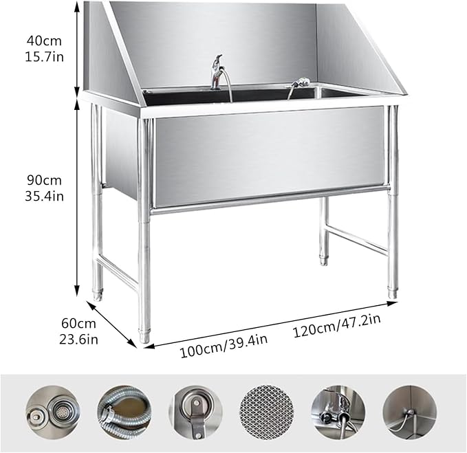 Professional Stainless Steel Pet Bathing Station with Faucet for Home Grooming of Large,Medium,and Small Pets.Silver-100x60x90cm