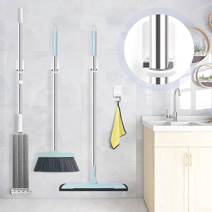 4 Pcs White Broom and Mop Holder Wall Mount Self-Adhesive Anti-Slip Gripper Cleaning Organizer Mop Handle Hanger Multi-Purpose Hook for Household, Home, Kitchen,Bathroom, Garden, Garage Storage