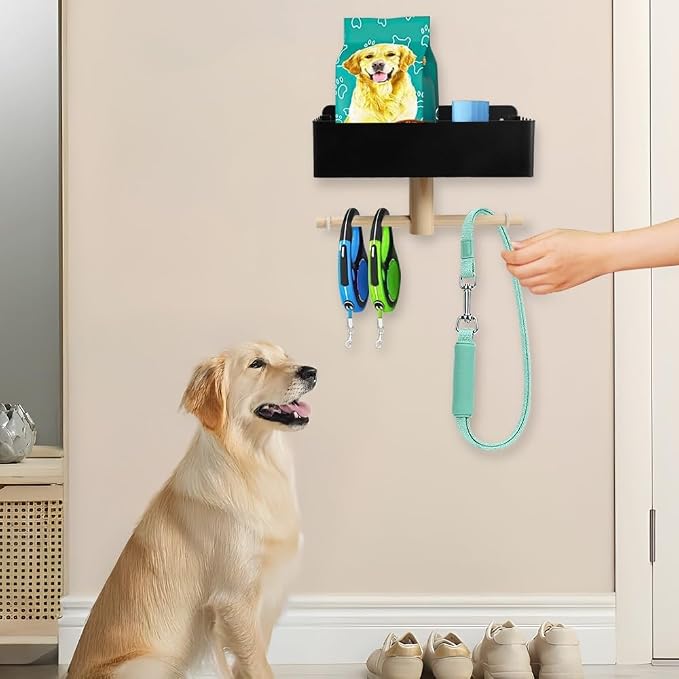 Picowe Dog Leash Holder for Wall, Metal and Wood Dog Leash Hooks, Pet Stuff Storage Shelf Storage for Leashes,Collar, Toys, Treats, Poop Bag (Black)