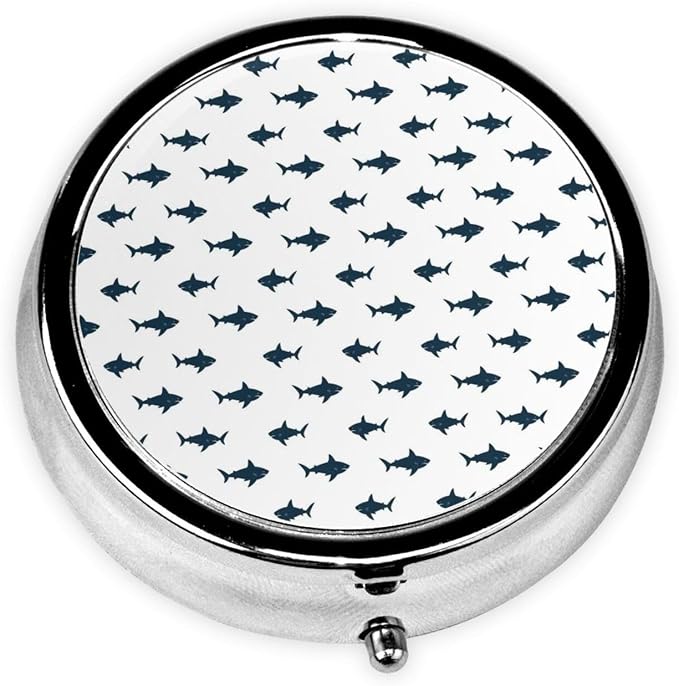 Compact Pill Holder, Grey Sharks White Round Mini Dispenser, Travel Organizer Case for Medicine, Purse Pocket Box for Outdoor Enthusiasts