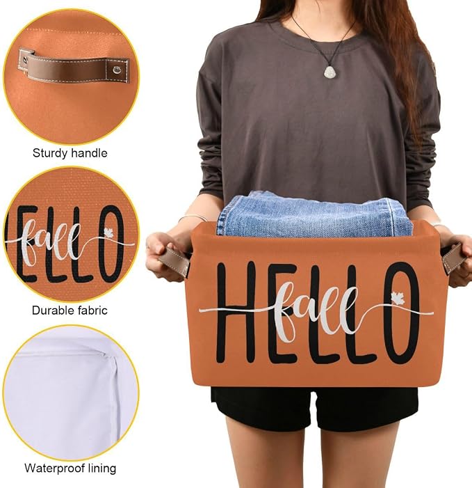 Hello Fall Orange Storage Basket Fabric Kitchen Baskets Autumn Pumpkin Open Home Storage Bins Boxes Foldable Organizer Bag for Baby Cloth Pet Toy Book Shelf Closet Baskets 2 Pack 16×12×8 Inches