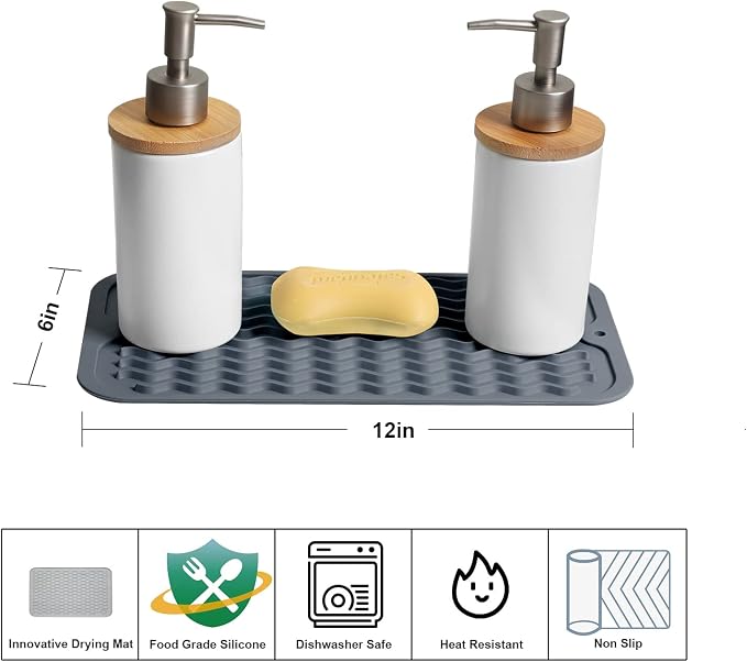 ZLR Silicone Sink Caddy & Sponge Holder, 6"x12", 2-Pack, Dark Gray | Sink Organizer for Soap, Sponge & Brush, Doubles as Bathroom Vanity Tray, Raised Lip, Non-Slip Food-Grade Silicone