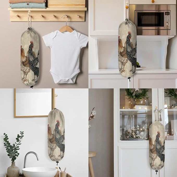 Vintage Chicken Plastic Bag Holder Leaves Rustic Farm Rooster Grocery Bag Storage Dispenser Washable Hanging Shopping Bags Carrier Reusable Wall Mount Trash Bag Organizer for Kitchen Pantry