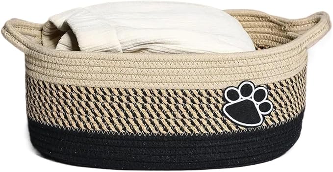 Pet Toy Storage Basket With Handle. Handmade Weaving With Dog Paw Prints for Toys(Black Beige)