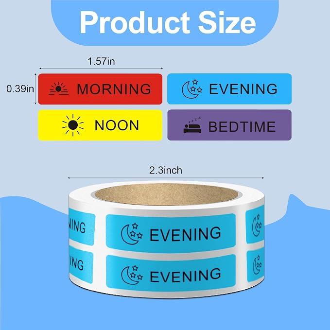 2000 Pcs 4 Rolls Pre-Cut Medicine Stickers Medication Instruction Labels | Morning Noon Evening Bedtime Medication Reminder Stickers for Pill Case Planner or Pocket Pharmacy Labels (500 Per Roll ）
