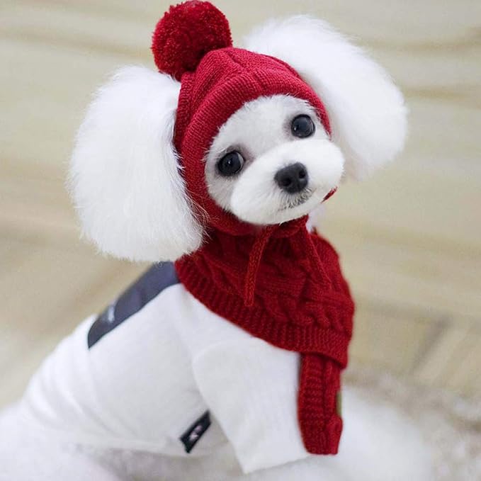 Goclothod Pet Dog Knitted Scarf and Hat Set Winter Neck Ear Warmer