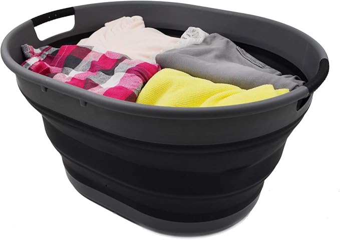 SAMMART 25L(6.6 Gallon) Collapsible Oval Laundry Basket-Foldable Storage Container/Organizer-Portable Washing Tub-Space Saving Hamper-Pet Bath Tub,Water Capacity 20L(5.28 Gallon) (Grey/Black)