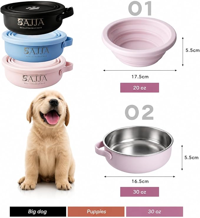 Pink Collapsible Travel Dog & Cat Bowl – BPA-Free Silicone & 18/8 Stainless Steel, Portable Non-Slip Food & Water Bowl with Handle, Bottle/Poop Bag Holder – Claim Your