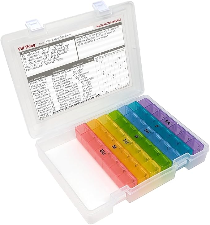 7 Times a Day Weekly Pill Box Organizer Case, Secure 7X Pillbox with Medication Schedule, Includes Premium Lifetime Subscription to Medisafe App (7 Time-a-Day)