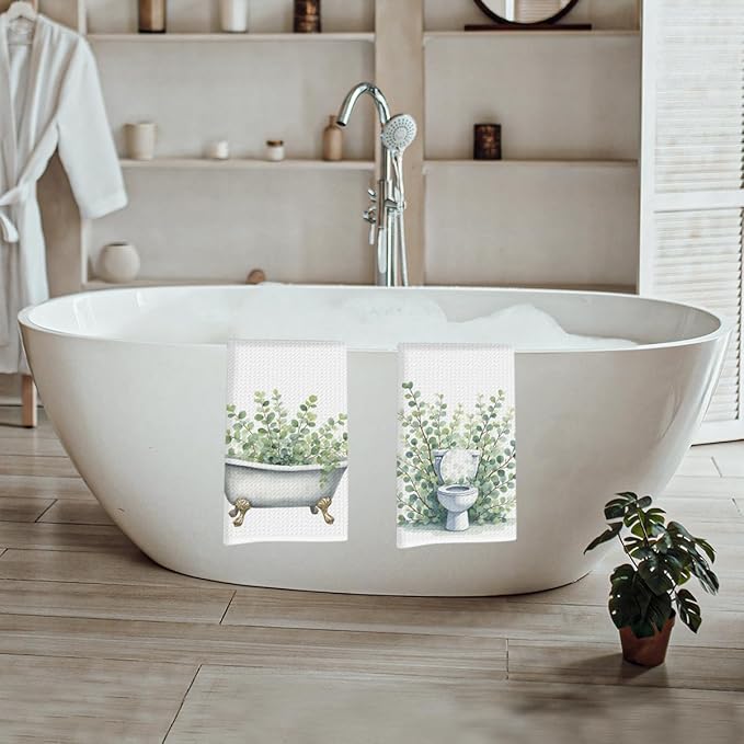 2 Pcs Watercolor Eucalyptus Kitchen Towels, Funny Bathtub & Toilet Bowl Decorative Absorbent Microfiber Dish Cloth Tea Towel, Waffle Soft Hand Towels for Farmhouse Home Bathroom Decor, home gift