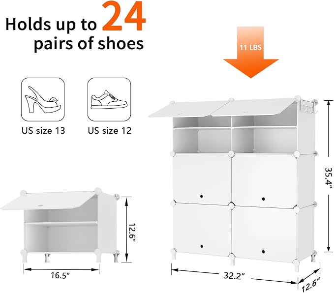 AWTATOS 6 Tiers Shoe Rack Organizer, 24 Pair Shoe Storage Cabinet, White | DIY Stackbale Plastic Shoe Organizer Shelves for Closet Entryway Hallway Bedroom