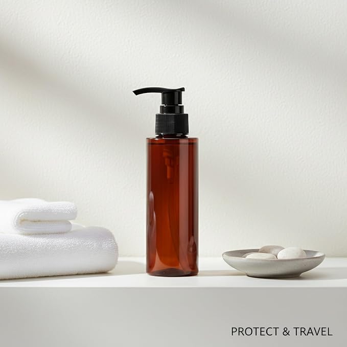 Amber PET Lotion Pump Bottle, Durable Refillable Dispenser for Travel & Shower, Black Finish