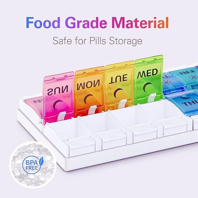 BUG HULL Weekly Pill Organizer 2 Times a Day Arthritis Friendly, AM PM Pill Organizer 7 Day with Easy Push Design, Daily Pill Organizer for Medicine, Pill Box 7 Day for Vitamin, Supplements