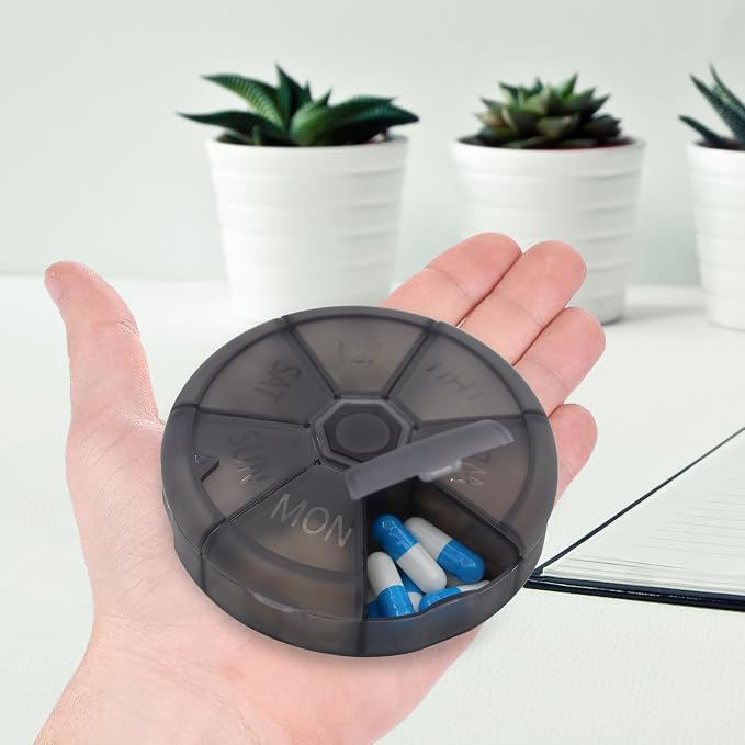 Portable Weekly Pill Organizer (Pack of 2) 7 Day Container,Round Case Travel Friendly,Daily Week Pill Reminder,Vitamin,Supplement,Fish Oil,Medication Planner (Black)