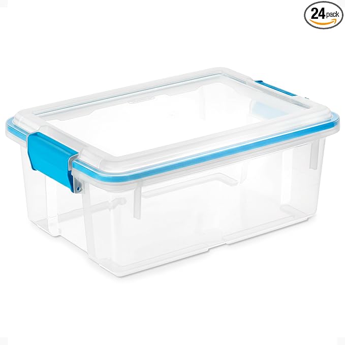 Sterilite Gasket Storage Box with Lids for Home & Office, 12 Quart, 24-Pack | Heavy-Duty, Stackable, and Organizing Containers for Bathroom, Cabinet, Closet, and Garage, Clear and Blue Aquarium Latches