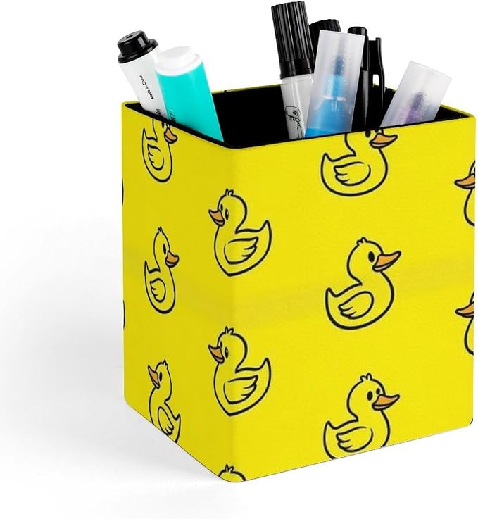 Pen Pencil Holder, Cute Funny Yellow Rubber Duck Pen Container Box Stationery Organizer Case Pu Leather Makeup Brush Holder Office Supplies for Desktop