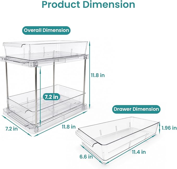 4 Pack Under Sink Organizers and Storage, 2 Tier Clear Pull Out Drawer Organizer for Bathroom Vanity and Kitchen Cabinet, Stackable Slide Out Bins, No Tool Set Up, 11.8"x6.9"x11.8"