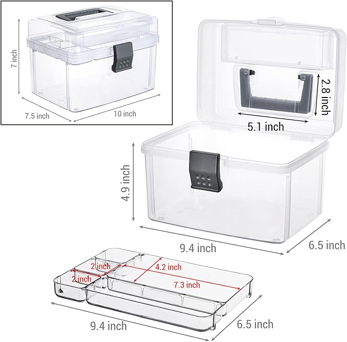 MyGift Clear First Aid Kit Box with Tray, Portable Medicine Storage | 10-Inch Organizer with Detachable Tray & Gray Handle for Medical Supplies, Travel, Home, Office & Emergency Use