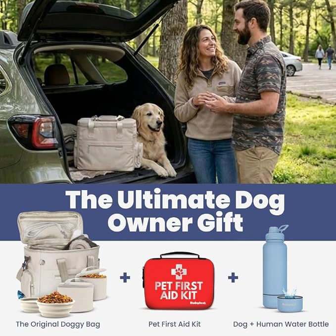 Original Doggy Bag™ Dog Travel Bag for Supplies with Travel Bowls | 2 BPA-Free Collapsible Bowls, 2 Pet Food Containers, TSA-Ready, Road Trips, Camping, Weekend Getaways, Doggy Gift, Beige
