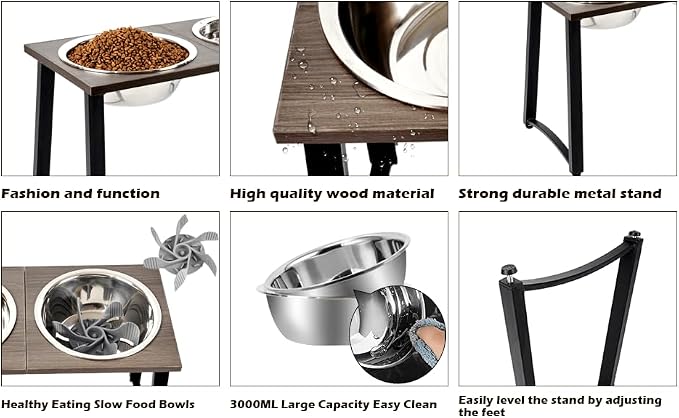 ADENGL Elevated Dog Bowls for Large & X-Large Dogs, 16" Tall Raised Stand with 2 Stainless Steel 3000ML Bowls, Slow Feeder & Spill-Proof Mat – Extra Large Dog Food & Water Bowl Set