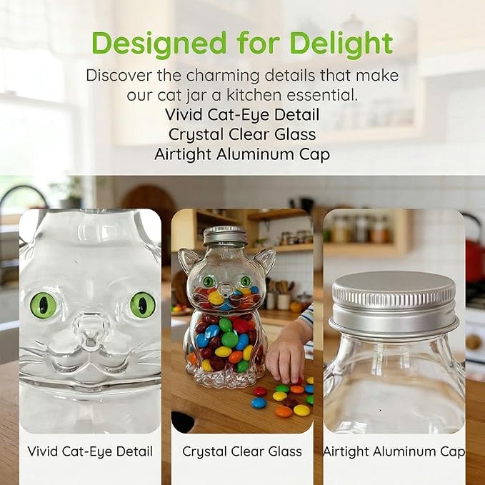 Glass Cat Treat Jar,Cute Cat Cookie Jar with Airtight Lid, Pet Cookie Storage Jars,Reusable Small Pet Snack Storages Jars for Kitchen Storage Supplies,Pets Lovers Gifts,350ml (Clear 1pcs)