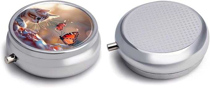 Kitten with Butterfly Metal Round Pill Box, 3 Compartment Travel Organizer, Portable Pill Container with Secure Latch, 2 Inch Circular Vitamin Caddy for Pills and Vitamins, Gift for Him Her Elderly