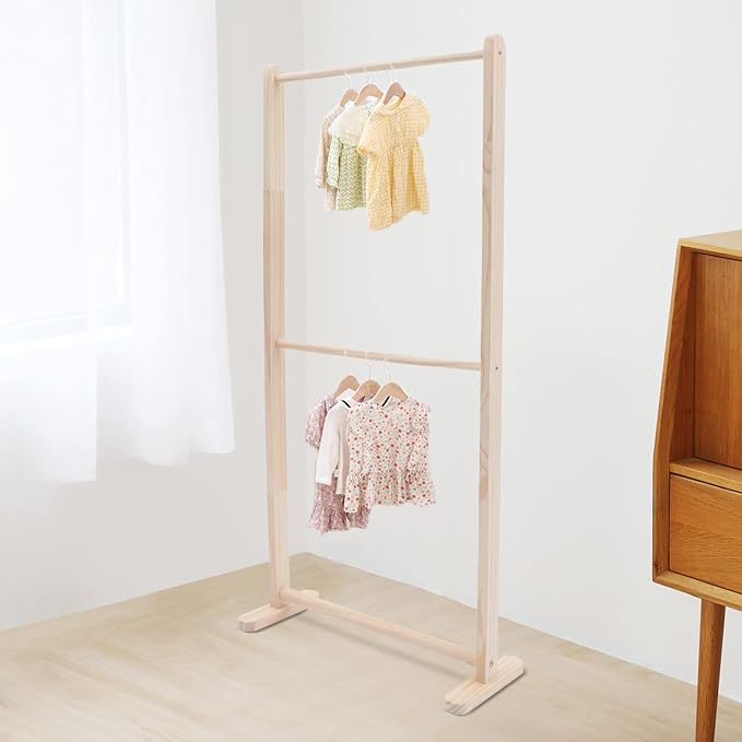 2 Tier Children Pets' Clothes Rack, Kids Clothing Rack, Small Clothes Rack Kids Dress Up Storage, Wooden Garment Display Hanging Rack, Pet Cloth Organizer