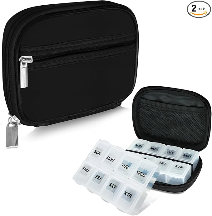 Serfeymi Weekly Travel Pill Organizer Pill Case for Purse with Removable 7 Day Pill Box, Fashionable Travel Medicine Organizer Pill Container for Medicine, Vitamin, Supplement - Black 01 + Pill Box