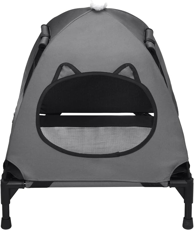 Pozico Elevated Pet Bed with Breathable Mesh for Small Cat and Dog, Raised Cooling Pet Cot for Puppy and Kitty, 18.9x18.9 inch (Dark Gray Bed with Canopy)