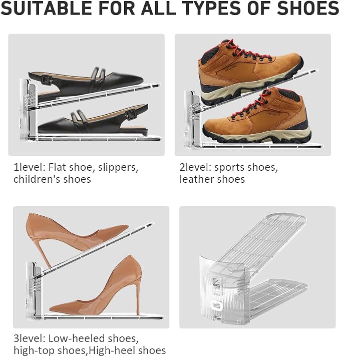 NVGSN 24Pack Clear Shoe Slot Organizer,Shoe Stacker,Storage Space Saver 50% | 3 Levels Adjustable Height 3.7''-7.7''shoe Organizer for Closet,Easy to Assemble shoe Rack Holder,Organizador de Zapatos