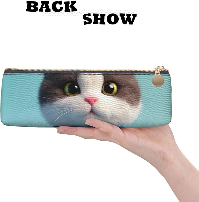 Leather Pen Case with Zipper - Aesthetic Pen Holder Cute Clothes Cat Pencil Case for Women & Men - Handcrafted Pencil Bag Multi-Functional Travel Cosmetic Case for Work Office Tool Pouch
