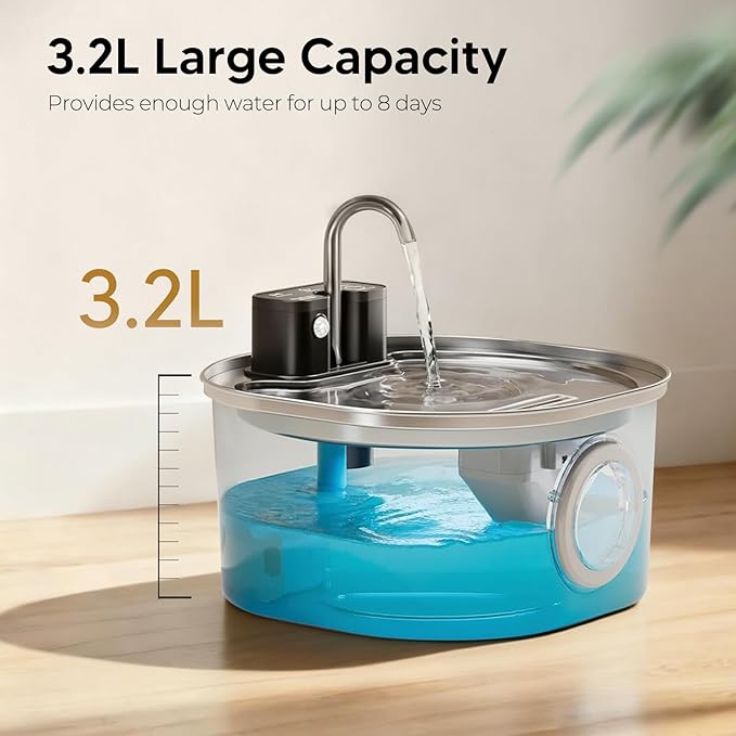Voluas Stainless Steel Cat Water Fountain: 108oz/3.2L Wireless Cat Fountain Battery Operated for Drinking Indoor, Automatic Pet Water Dispenser Bowl with Ultra Quiet Pump, Easy Clean BPA-Free, 1Filter