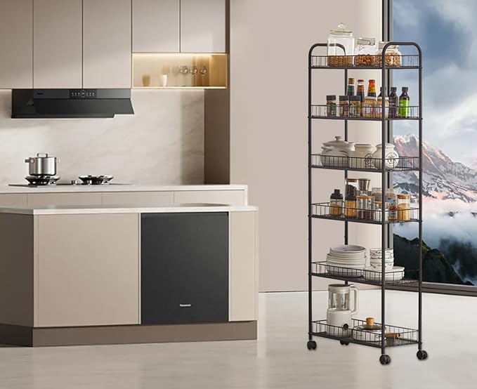 6 Tier Slim Rolling Storage Cart, Mobile Shelving Unit with Wheels, Metal Wire Storage Rack with Baskets for Kitchen Bathroom Office Laundry Narrow Piaces (6in Slim Rolling Cart)