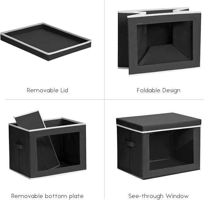 Storage Bins with Lids - Small Fabric Organizers with Window, Collapsible Storage Bins for Clothes, Decorative Closet Organizers for Towels, Tshirt, 3 Pack, Black