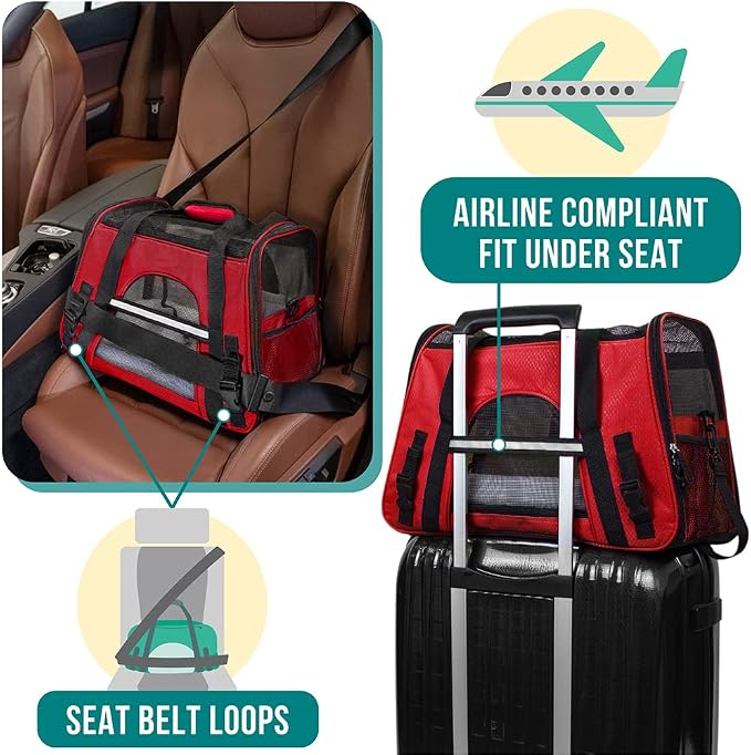 PetAmi Airline Approved Pet Carrier for Cats & Small Dogs, Small, Red | Soft Sided TSA Travel Bag, Sherpa Bed, Breathable Mesh Ventilation, Collapsible Bowl, Fits Under Seat, Up to 18 lbs
