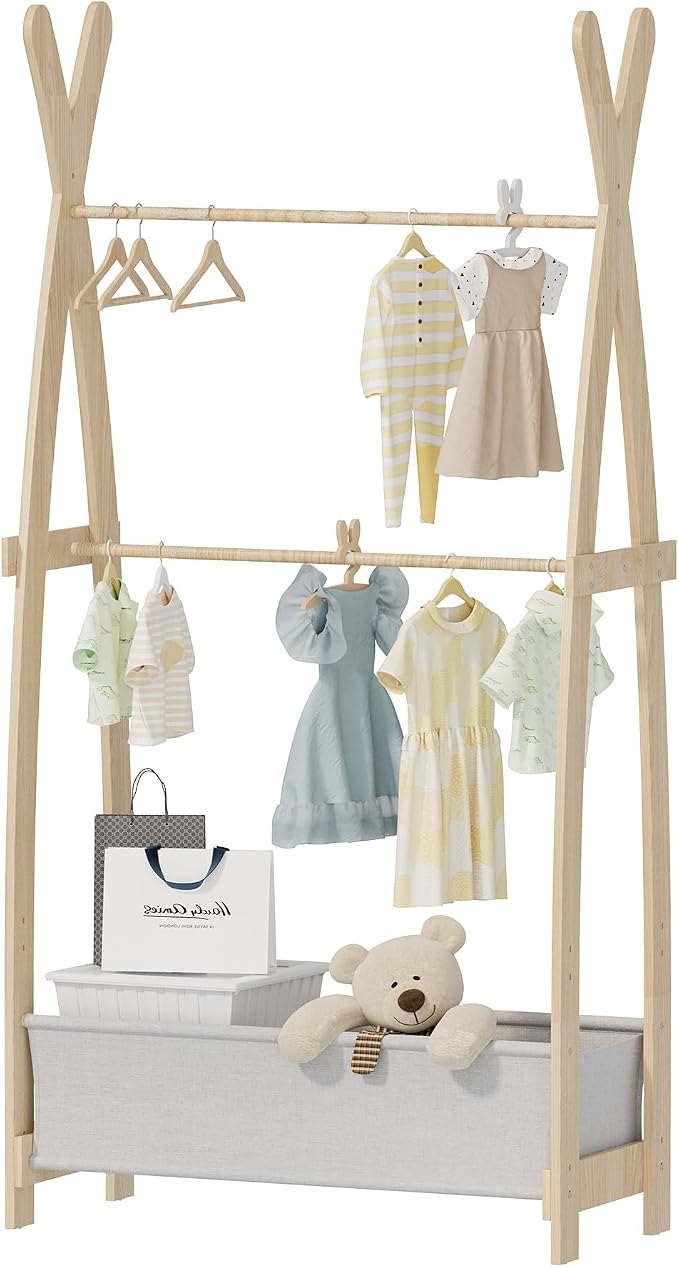 HedoAjim Kids Clothing Rack Dress Up Storage Shelf Closet for Girls Pet Coat Baby Garment Wardrobe Toddler Costume Closet Organizer Hanging Clothes with Double Hanging Rod Wood Nursery