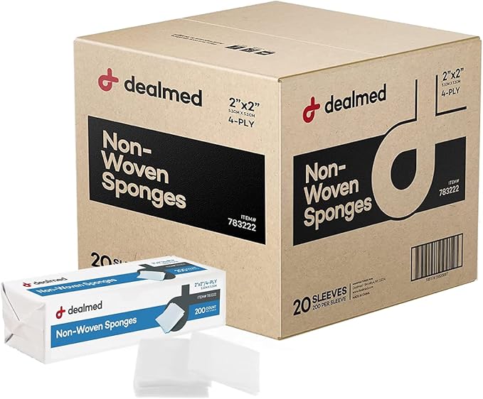 Dealmed 2" x 2" Non-Woven Gauze Sponges (200 Count) 4-Ply All-Purpose Non-Sterile Absorbent Dental Gauze Wound Care Product for First Aid Kit/Medical Facilities (Case of 20)