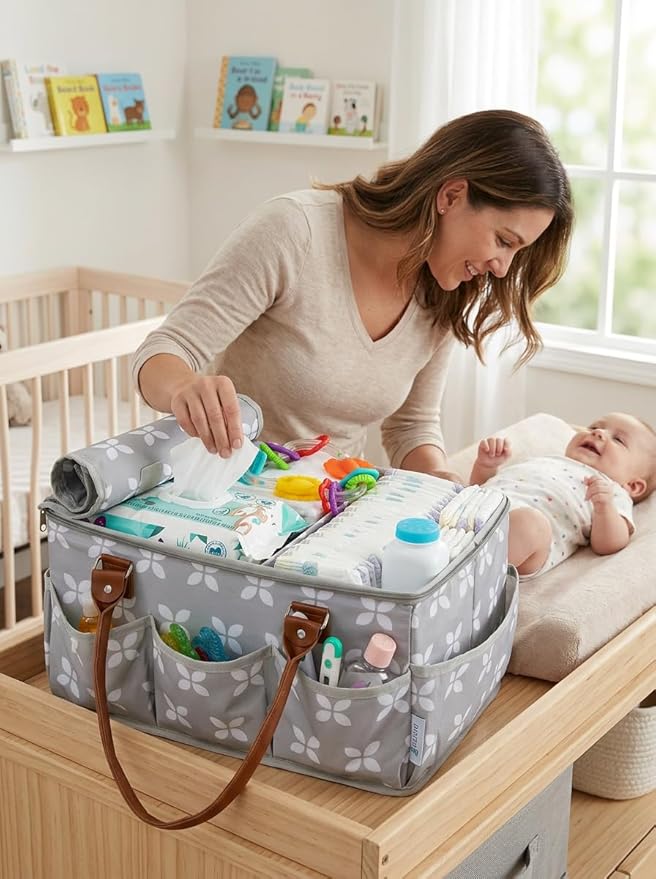 Diaper Caddy with Changing Mat, Large Baby Diaper Caddy Organizer with Lid, Portable Organizer Basket for Baby Essentials, Roll-Up Lid, Built-In Changing Mat Pocket
