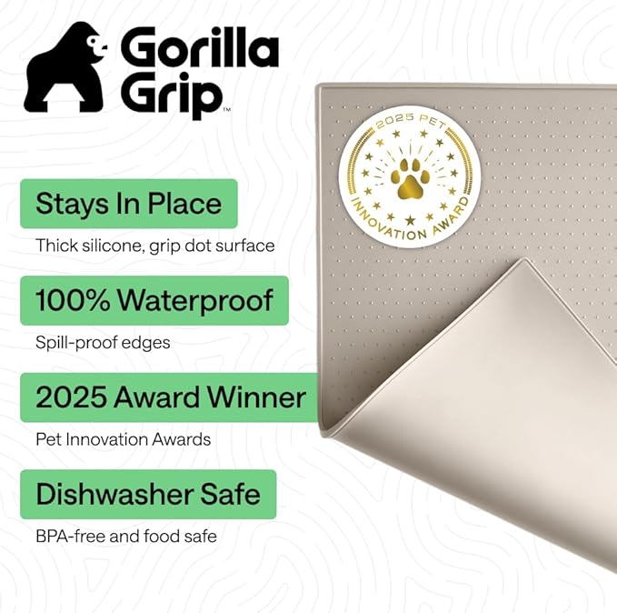 GORILLA GRIP 100% Waterproof Raised Edge BPA Free Silicone Pet Feeding Mat, Dog Cat Food Mats Contain Spills Protects Floors, Placemats for Cats and Dogs Water Bowl, Pets Accessories 26x17 Beige